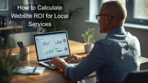 Local service business owner analyzing website ROI data and lead performance on a laptop