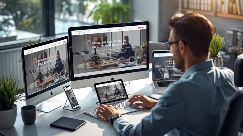 Comparison showing non-responsive versus responsive web design layouts for a Chicago small business website