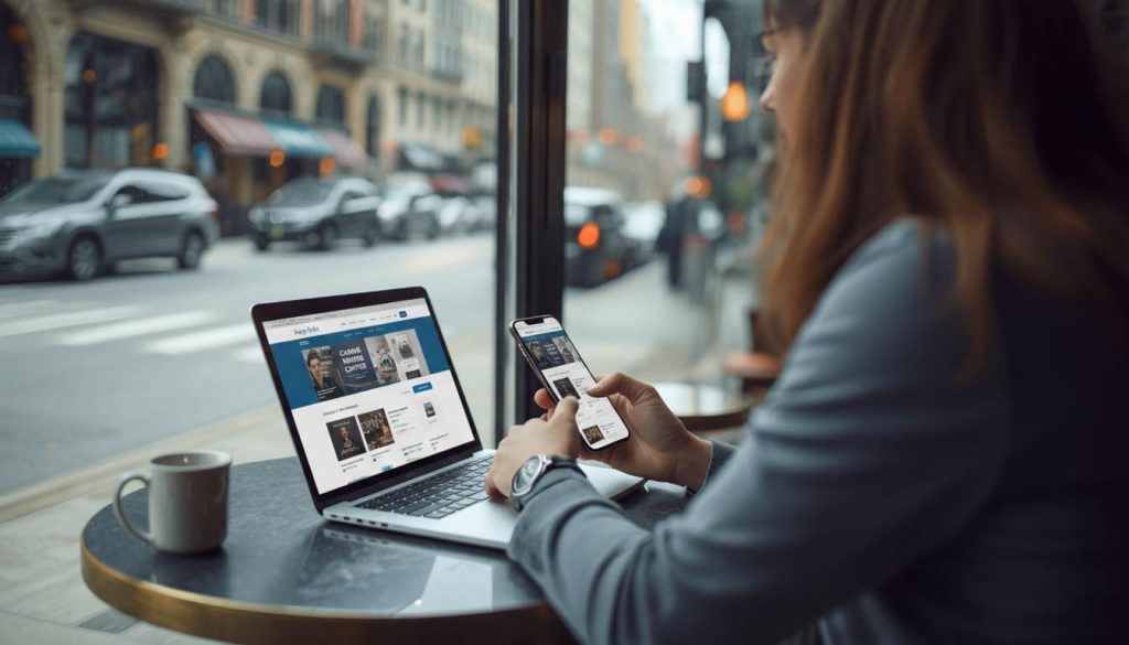 Responsive web design layout showing a Chicago business website adapting across phone, tablet, and desktop screens