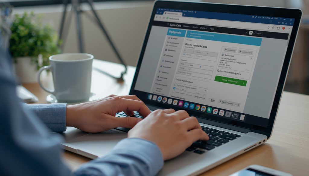 Business owner reviewing and updating website content on a laptop in a Chicago office setting
